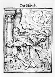 ハンス・ラッツェルバーガーによって刻まれた「死のダンス」からの死と殺人の兄弟、c.1538