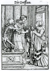 ハンス・ラッツェルバーガーによって刻まれた「死のダンス」からの死と愛人、1538年頃