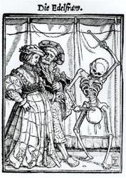 ハンス・ラッツェルバーガーによって刻まれた「死のダンス」からの死と貴婦人、1538年頃