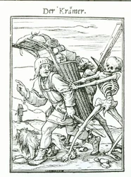 ハンス・ルツェルバーガーによって刻まれた「死のダンス」の死とペドラー、1538年頃