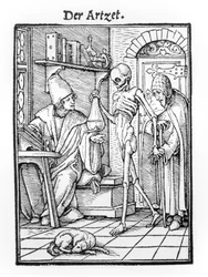 ハンス・ラッツェルバーガーによって刻まれた「死のダンス」からの死と医師、1538年頃
