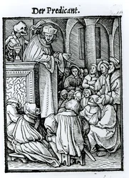 ハンス・ラッツェルバーガーによって彫刻された「死のダンス」からの死と説教者、1538年頃