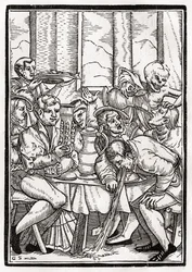 1843年にバーゼルで公開された「Der Todten Tanz」から、Georg Scharffenbergによって刻まれた酔っぱらいの死