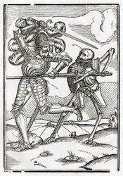 1843年にバーゼルで公開された「Der Todten Tanz」から死が騎士または伯爵にやって来る