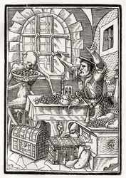 1843年にバーゼルで公開された「Der Todten Tanz」から、Georg Scharffenbergによって彫刻されたMiserまたはUsurerに死が訪れる