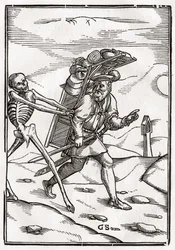 1843年にバーゼルで公開された「Der Todten Tanz」から、Georg Scharffenbergによって彫刻されたペドラーに死が訪れる