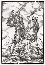 1843年にバーゼルで公開された「Der Todten Tanz」からGeorg Scharffenbergによって彫刻された兵士の死