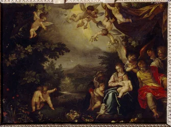 聖エリザベスと洗礼者聖ヨハネのいる聖家族。 Hans Rottenhammer Groin (1564-1625) による絵画、銅に油彩。 16～17世紀後半のドイツ美術、バロック美術。 州立 A. プーシキン美術館、モスクワ。