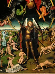 最後の審判が描かれたトリプティク：中央パネル詳細大天使ミカエル（パネル上の三連画）