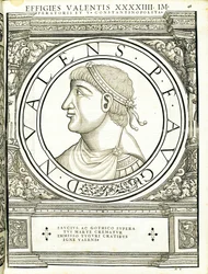 1559年にチューリッヒのアンドレアスゲスナーによって印刷されたルドルフヴィッセンバッハの彫刻で、古代の硬貨のローマの東西の正真正銘の画像を司る強力なイラスト