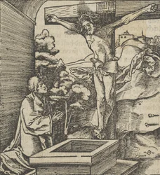 十字架の前で祈る男, from Hymmelwagen auff dem, wer wol Leben..., 1517.