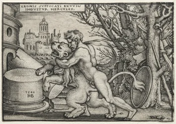 ヘラクレスの労働：ネメアンライオンを絞首刑にするヘラクレス、1548年。