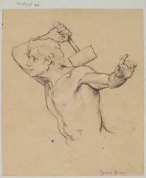 腰まで描かれた、ハンマーを頭上に掲げている裸の男性の習作