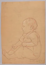 座る子どもの習作、裏面：石に座る老人