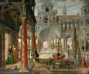 Un palais avec des visiteurs distingues - Palace with distinguished visitors - Hans Vredeman de Vries (Jan de Vriese ou Friedman de Frise) (1526-1606)。キャンバスに油彩、1596年頃。サイズ：137x164 cm。ヴィエンヌ美術史博物館