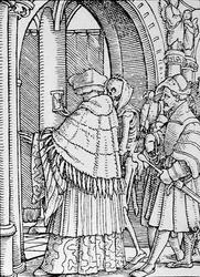 ハンス・ラッツェルバーガーによって刻まれた「死のダンス」の死とキヤノン、1538年頃