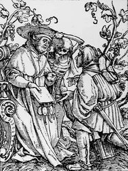 ハンス・ラッツェルバーガーによって刻まれた「死のダンス」の死と枢機卿、1538年頃