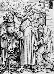 ハンス・ラッツェルバーガーによって刻まれた「死のダンス」からの死と評議員、1538年頃
