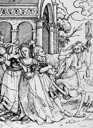 ハンス・ルツェルバーガーが刻んだ「死のダンス」の死と公爵、1538年頃