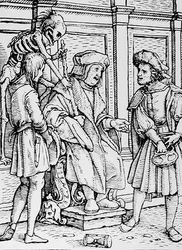 ハンス・ラッツェルバーガーが刻んだ「死のダンス」の死と裁判官、1538年頃