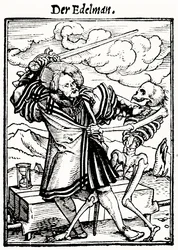 ハンス・ラッツェルバーガーによって刻まれた「死のダンス」の死と貴族、1538年頃