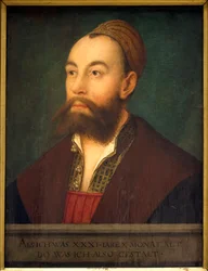 銀行家アントン・フガー（1493-1560）の肖像（文中：31歳10ヶ月の時の代表） - ハンス・マラー・ディット・ド・シュワズ（1480-1526または1529）の絵画、油彩・キャンバス、1525年頃 - ドイツ美術 16世紀 - Musee des Beaux A