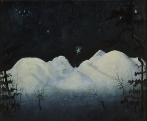 山の冬の夜（キャンバスに油彩）