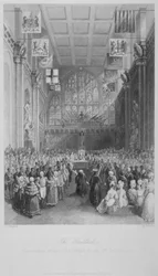 1838年、ロンドン市のギルドホールで行われたロンドン市長の就任式。  