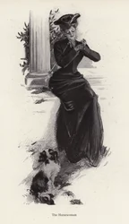 乗馬に行くのを待つ若い女性と犬（リトグラフ