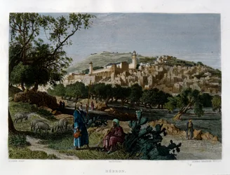 ヘブロン、アルフレッド・クラウスがハリー・フェンの写真をもとに彫刻したもので、1875年頃に『Picturesque Palestine』に掲載された。