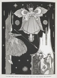 「その瞬間、若い妖精が掛け物の陰から出てきた」。森の中の眠れる森の美女」の挿絵。