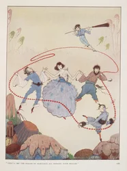 "おとぎの国の王国を歓喜で踊らせる"。ローズ・ファイルマンによる『秋の施し』の挿絵。空中で踊る人物たち。