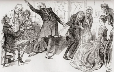 O Sr. Micawber Atinge a Queda de Heep. “O floreio triunfante com que o Sr. Micawber proferiu as palavras teve um efeito poderoso em alarmar a mãe, que gritou com muita agitação: “Ury! Ury! Seja humilde e faça um acordo, minha querida!" Illu