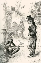 Oliver cai com The Artful Dodger. "Olá, meu bando, qual é a briga?" disse este estranho jovem cavalheiro para Oliver. "Estou com muita fome e cansado", respondeu Oliver; as lágrimas em seus olhos enquanto ele falava. "Eu andei um longo caminho. Eu andei