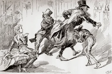 泥棒キッチン。 1910年に公開された体験談版のチャールズディケンズによる「オリバーツイスト」のイラスト、オリバーの描写
