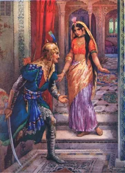ラーマの姿を見つけると、彼女は突進した。ラーマとシータの冒険」より、挿絵：「インドの伝説にまつわる子供の物語」、1930年代頃（カラーリトグラフ）