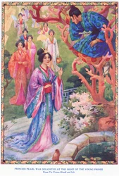 若い王子の姿に喜ぶ真珠姫（『日の出姫と入日姫』より）（リトグラフ）
