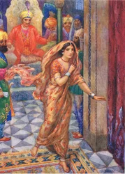 彼女は謁見の間から逃げ出した。1930年代頃の「Childrens Stories from Indian Legends」（カラーリトグラフ）の挿絵「Ring of Remembrance」より。