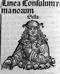 ローマの政治家Lucius Cornelius Sulla (Silla or Sylla) (紀元前138-68年) Hartmann Schedelによる「ニュルンベルクの年代記」のXylographyの表現