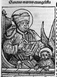 福音書記者サン・マルコの表現。ハルトマン・シェデル1493年の「Liber chronicarum」（ニュルンベルク年代記）からの図版