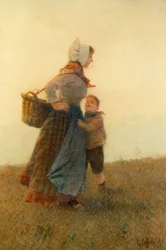 女と子供（水彩）