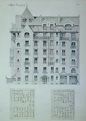 「カステル・ベランジェ」の正面と平面図、エクトール・ギマール（1867-1942年）の本の挿絵