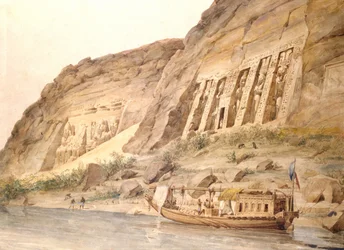 ナイル川から見たアブ・シンベル。Hector Horeau (1801-1872) フランス人建築家による水彩画。一番近いのはハトホル神殿。一番遠いのは、本殿の外にあるラメセス2世（紀元前1304-1273年頃統治）の像。考古学 エジプトの屋形船