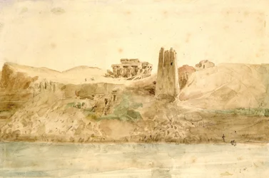 クム・オンボ」 フランス人建築家、ヘクトル・オロー（1801-1872）の水彩画。アスワンの北約28マイルのナイル川から古代エジプトの双子神殿の遺跡を望む