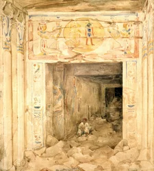 上エジプト、エスネ神殿の廃墟内部。Hector Horeau (1801-1872) フランス人建築家による水彩画。