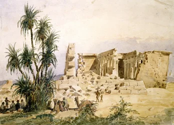 エジプト、ヌビア、アスワンのマルハラカ神殿。ヘクトール・オロー（1801-1872）フランスの建築家による水彩画。