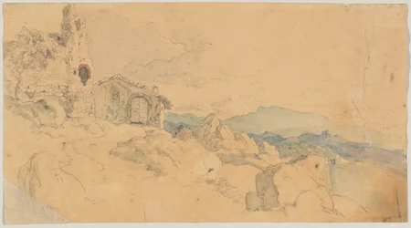 小屋と遺跡のある山の風景