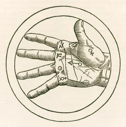 手相術の手、ハインリヒ・コルネリウス・アグリッパ・フォン・ネッテスハイム（1486-1535）著『De occulta philosophia libri tres（オカルト哲学三書）』からの版画、1533年刊行。