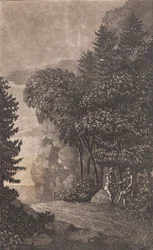 岩と大きな木のある風景、th. 2人の男性