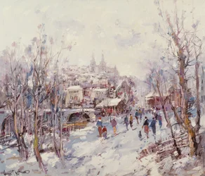 フランスの大聖堂の町の冬景色